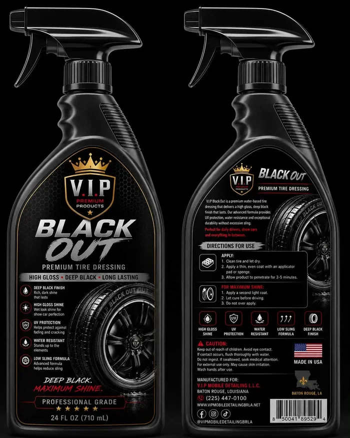 V.I.P Black Out tire dressing bottle and label