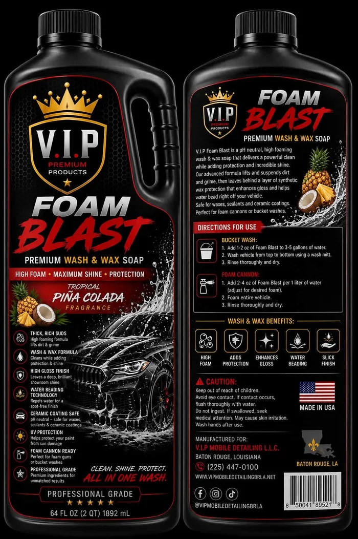 V.I.P Foam Blast wash and wax soap bottle and label
